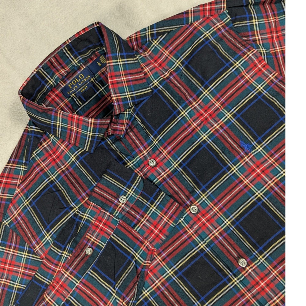 Polo Ralph Lauren Mens Slim Fit Tartan Plaid Button Down Shirt Black Red Large